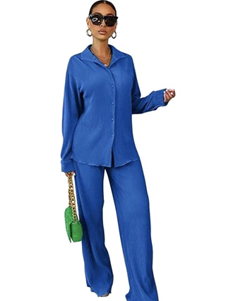 Collared Shirt Wide-Leg Trouser Set in Blue — VerolynBoutique