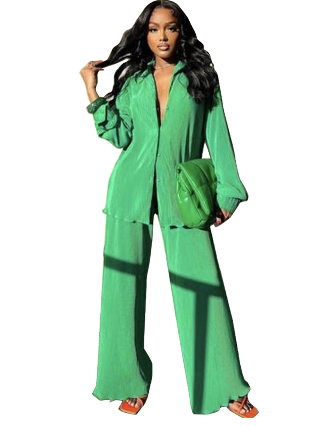 Collared Shirt Wide-Leg Trouser Set in Green — VerolynBoutique
