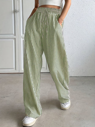 Pinstripe Drawstring Wide Leg Trousers in Green — VerolynBoutique