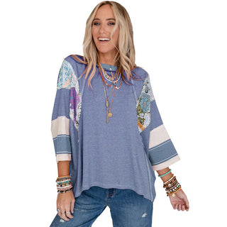 Patchwork Sleeve Batwing Top in Blue — VerolynBoutique