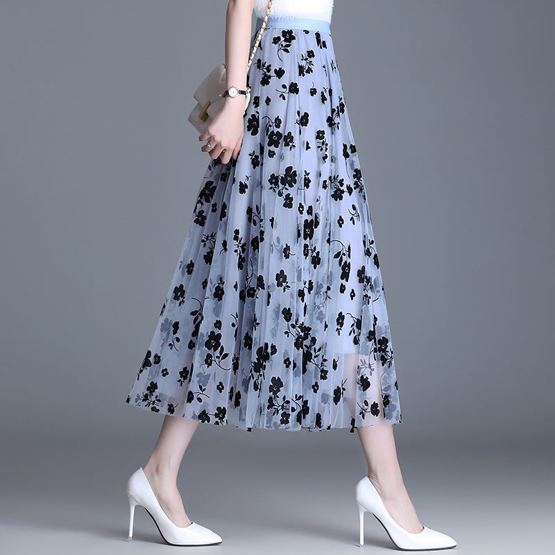 Floral Tulle Midi Skirt in Blue — VerolynBoutique