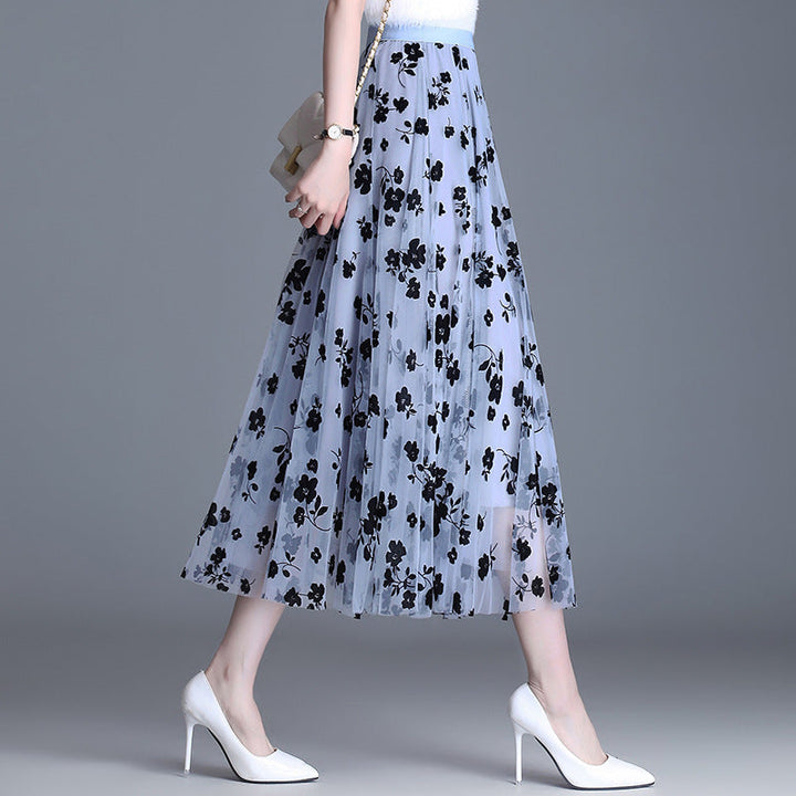Floral Tulle Midi Skirt in Blue — VerolynBoutique