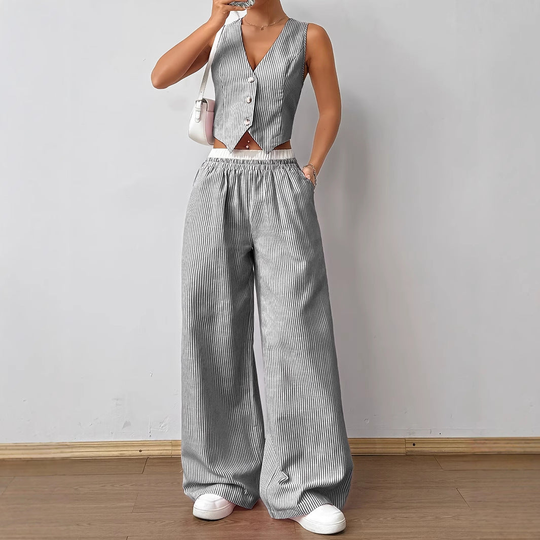Pinstripe Waistcoat Wide-Leg Set in Charcoal — VerolynBoutique