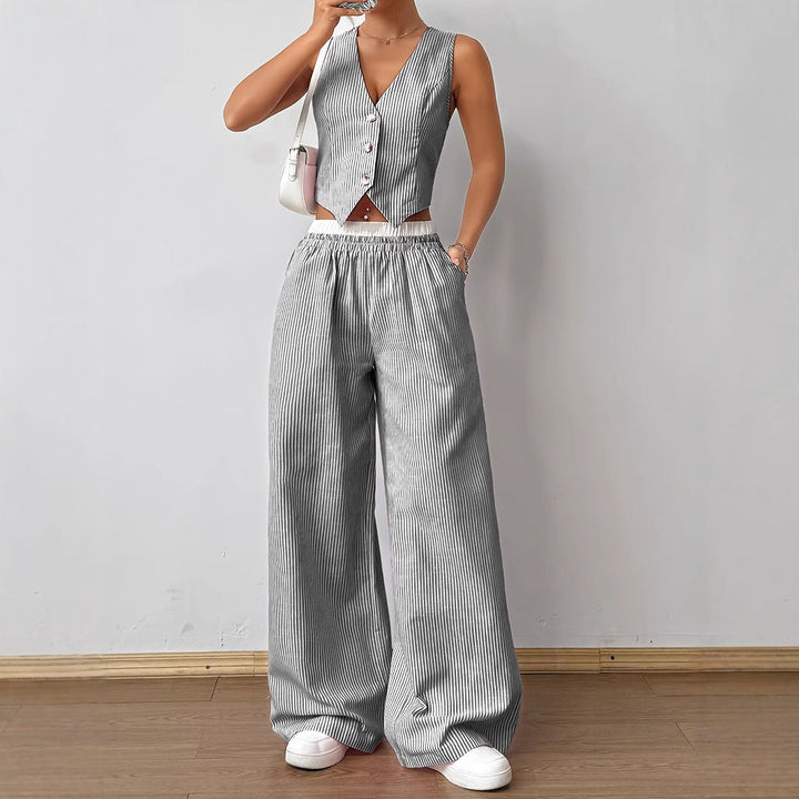 Pinstripe Waistcoat Wide-Leg Set in Charcoal — VerolynBoutique