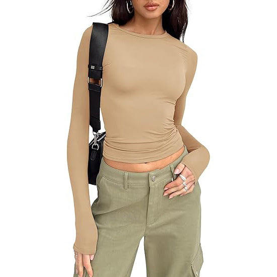Fitted Crew Neck Top in Khaki — VerolynBoutique