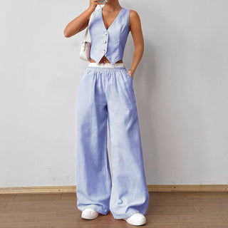 Pinstripe Waistcoat Wide-Leg Set in Blue — VerolynBoutique