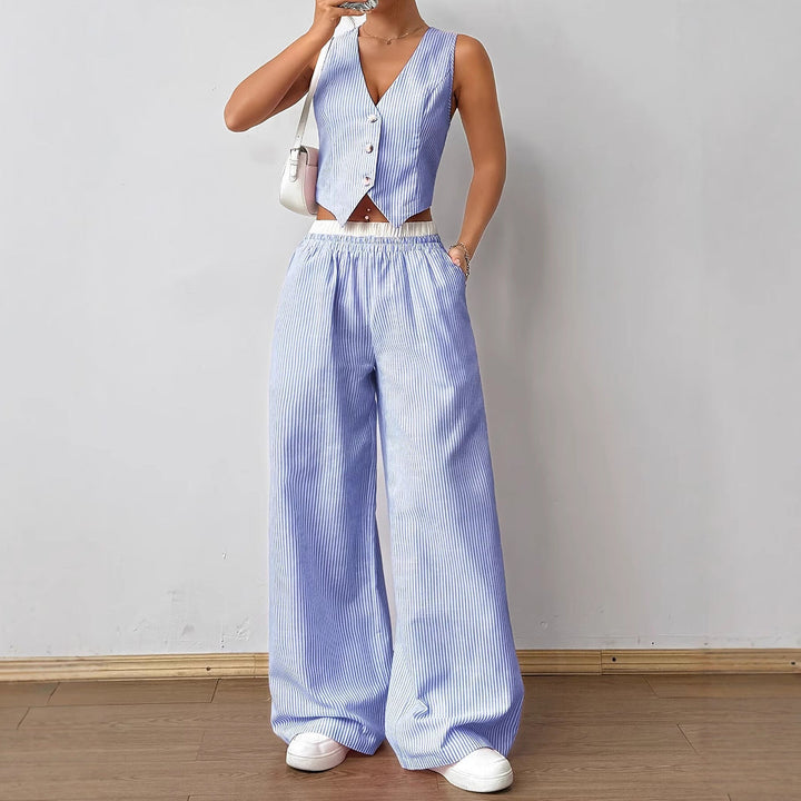 Pinstripe Waistcoat Wide-Leg Set in Blue — VerolynBoutique