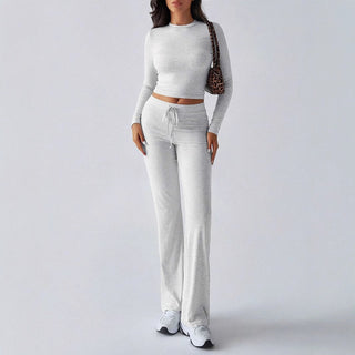 Crop Top Drawstring Trouser Set in Light Grey — VerolynBoutique