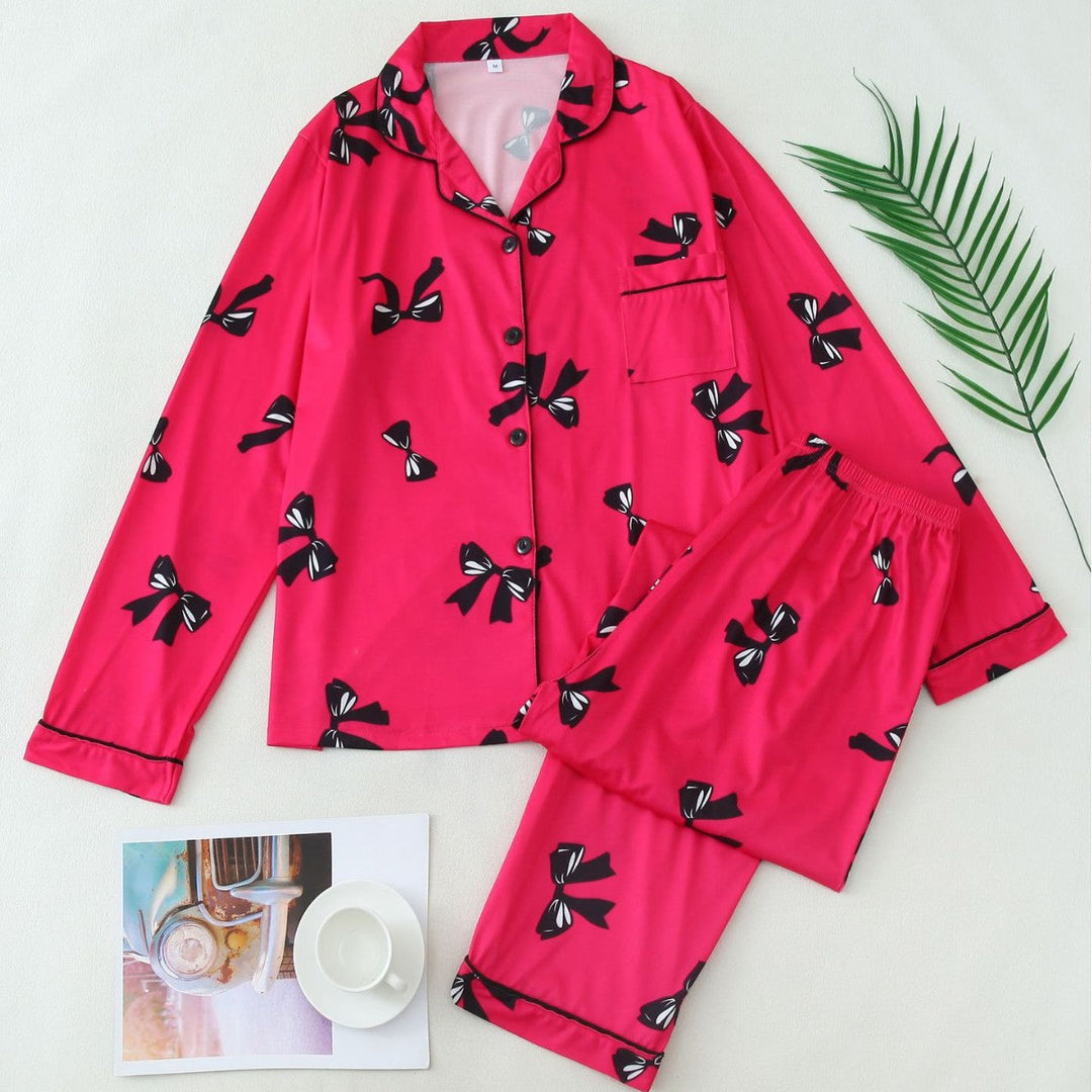 Bow Print Button Pyjama Set in Red — VerolynBoutique