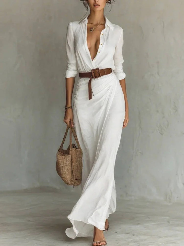 Lapel Wrap Belted Maxi Dress in White — VerolynBoutique