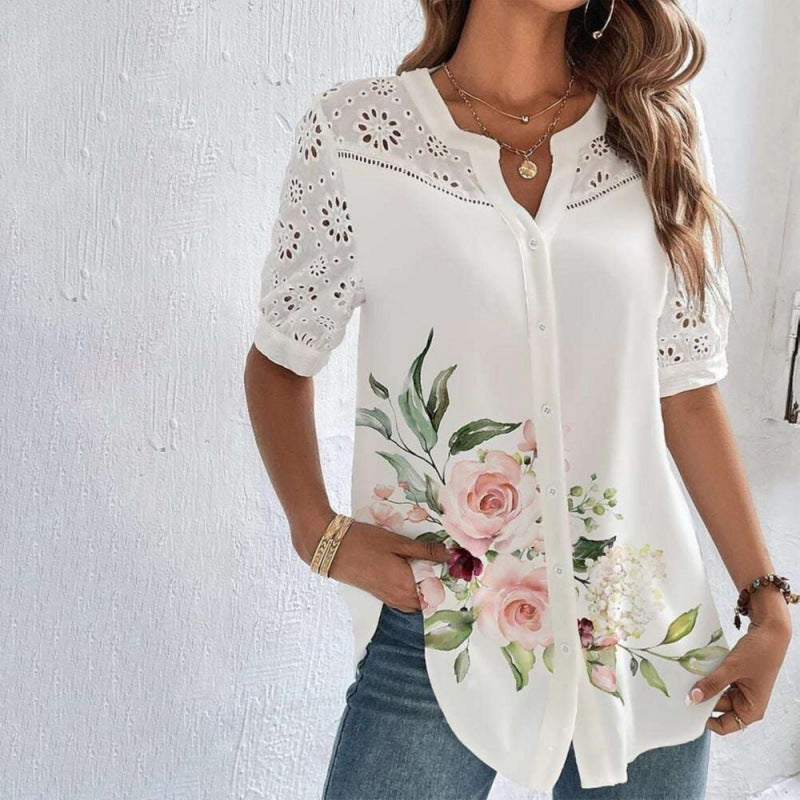 Lace Yoke Printed Blouse in Pink Floral — VerolynBoutique