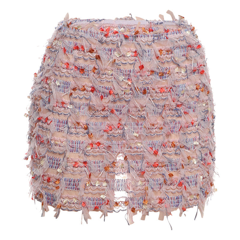 Fringe High-Waist Mini Skirt in Light Pink — VerolynBoutique