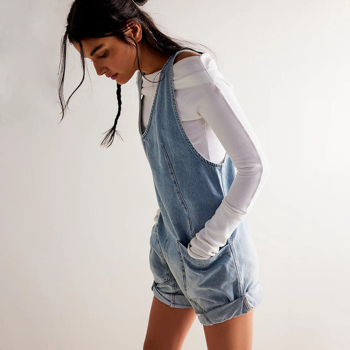 Denim Dungaree Shorts Romper in Sky Blue — VerolynBoutique