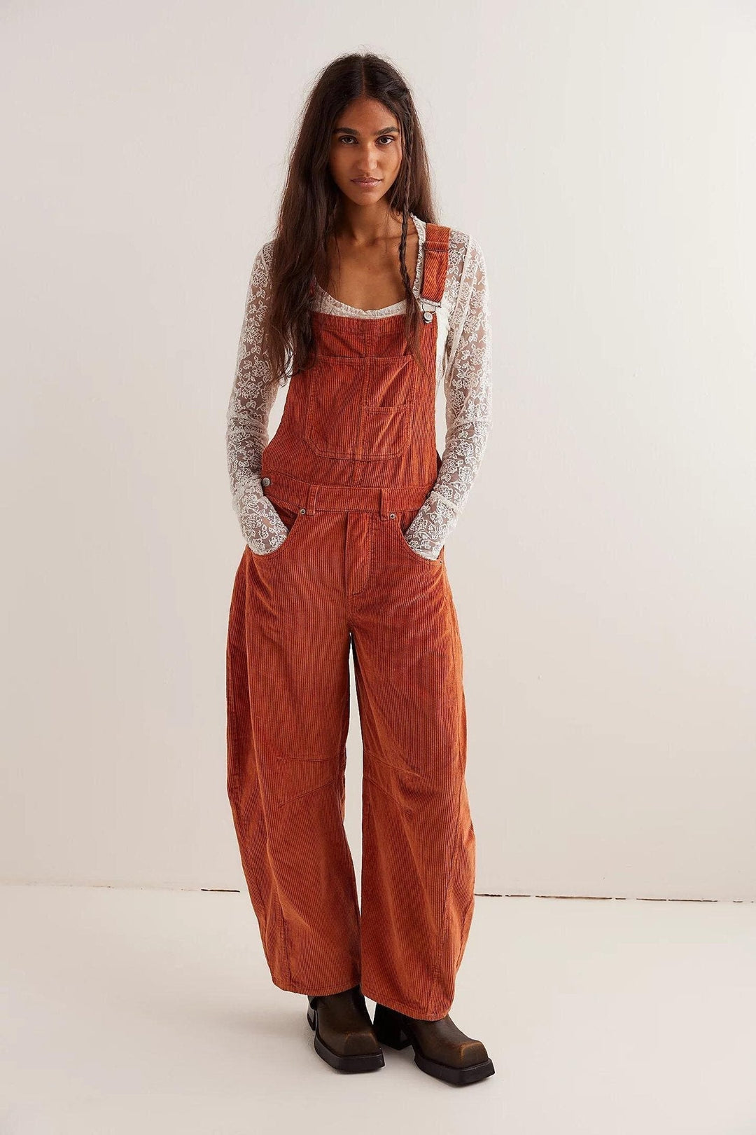 Corduroy Barrel Leg Dungarees in Rust — VerolynBoutique