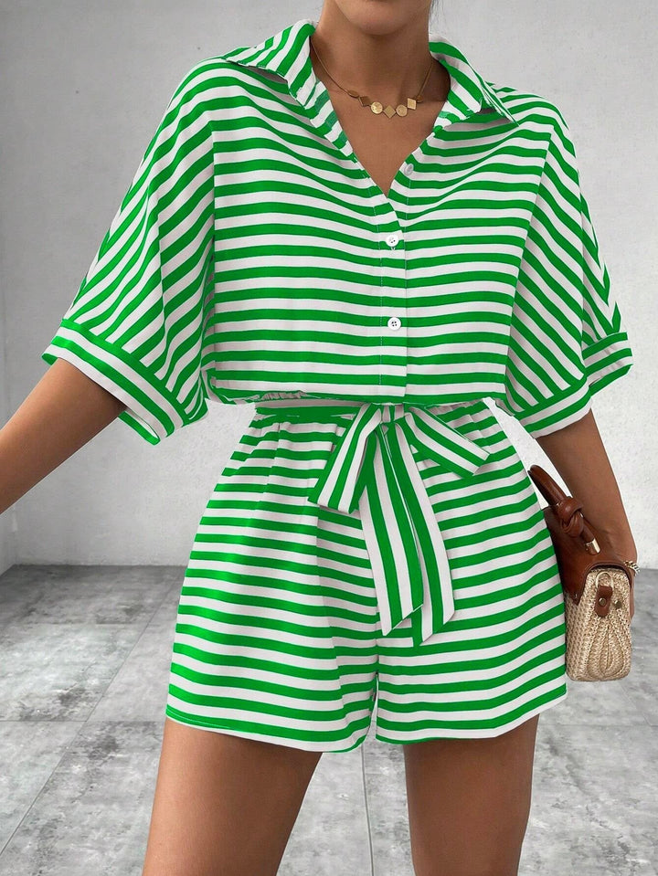 Striped Collared Tie-Front Romper in Green — VerolynBoutique