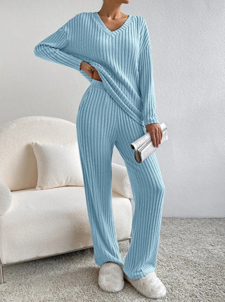 Ribbed V-Neck Lounge Set in Blue — VerolynBoutique
