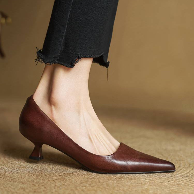 Pointed Kitten Heel Pumps in Brown — VerolynBoutique