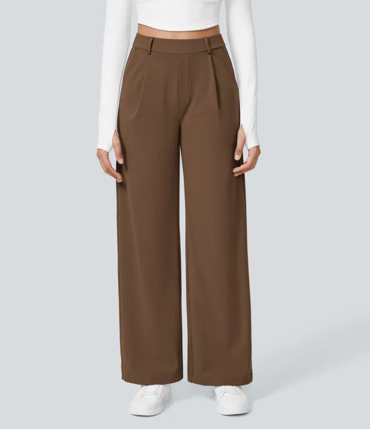 Pleated Front Wide Leg Trousers in Coffee Brown — VerolynBoutique