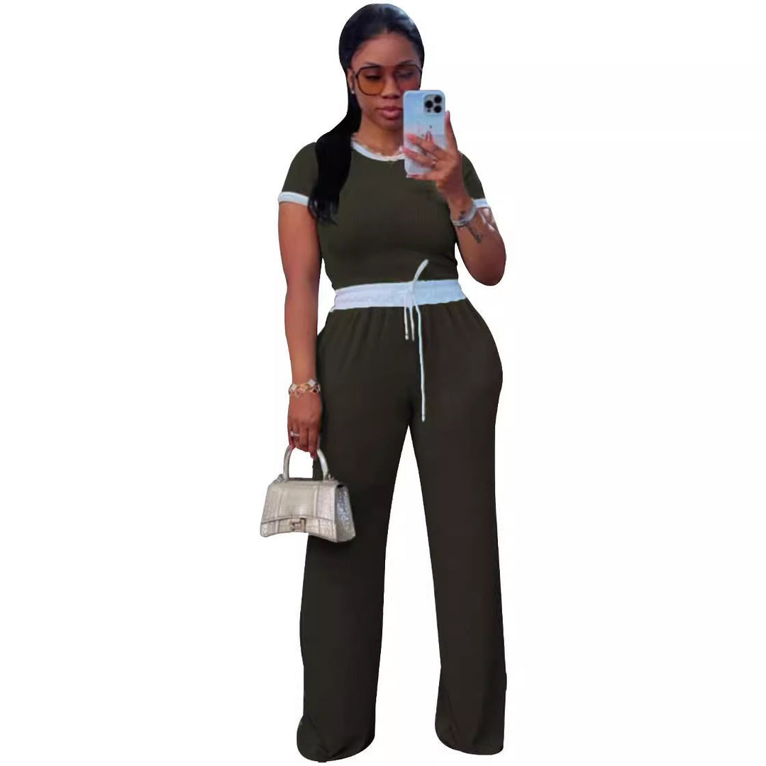 Contrast Trim Tee Trouser Set in Green — VerolynBoutique