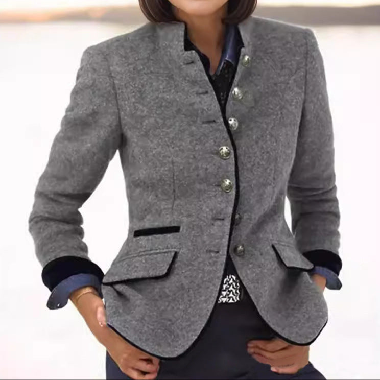 Wool Blend Stand Collar Blazer in Grey — VerolynBoutique