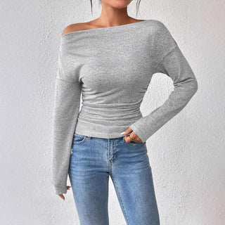 Asymmetric Shoulder Long Sleeve Top in Light Grey — VerolynBoutique