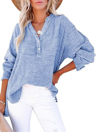 Textured V-Neck Button Blouse in Sky Blue — VerolynBoutique