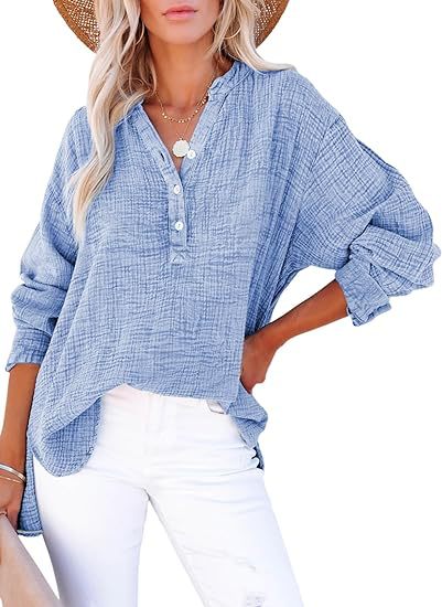 Textured V-Neck Button Blouse in Sky Blue — VerolynBoutique