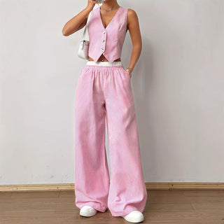 Pinstripe Waistcoat Wide-Leg Set in Pink — VerolynBoutique
