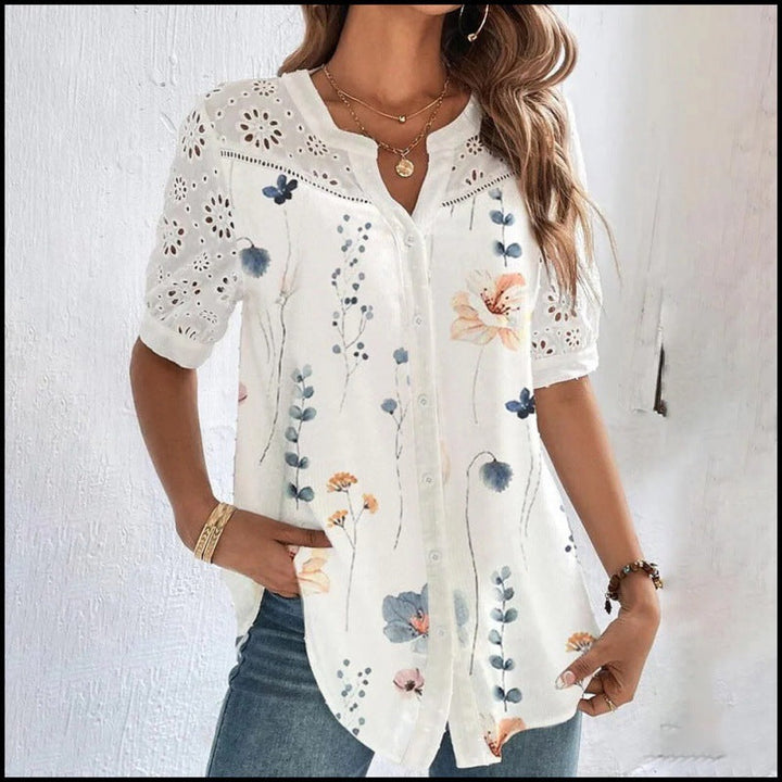 Lace Yoke Printed Blouse in Blue Floral — VerolynBoutique