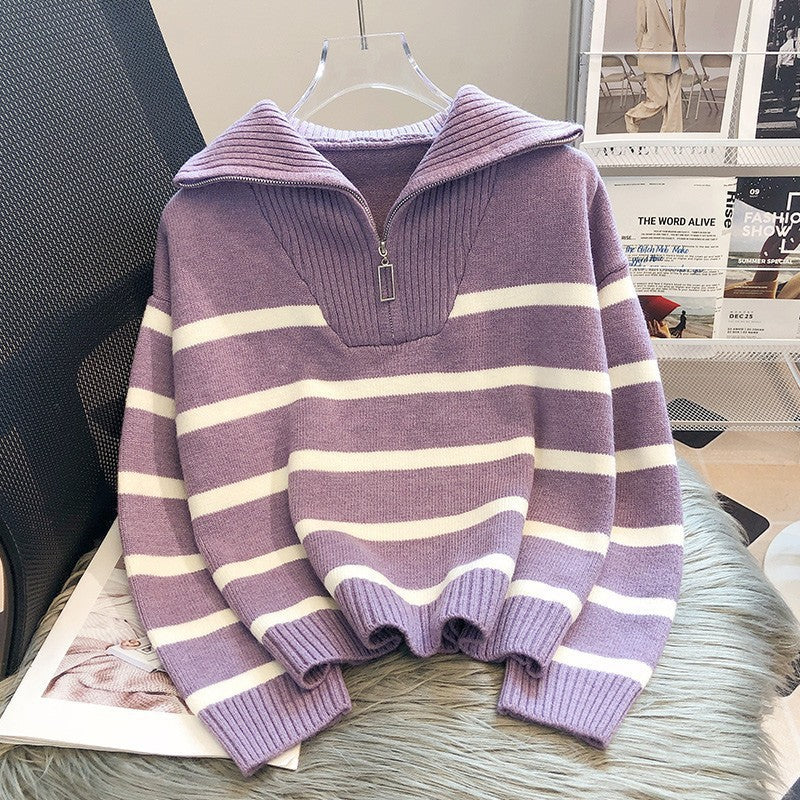 Verolyn - Collared Stripe Long Sleeve Top