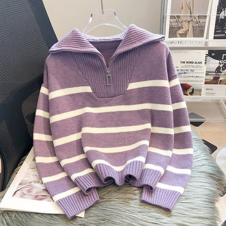 Verolyn - Collared Stripe Long Sleeve Top