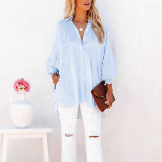 Relaxed Cotton Blend Shirt in Blue — VerolynBoutique