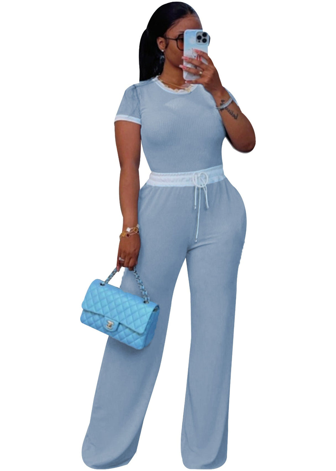 Contrast Trim Tee Trouser Set in Sky Blue — VerolynBoutique