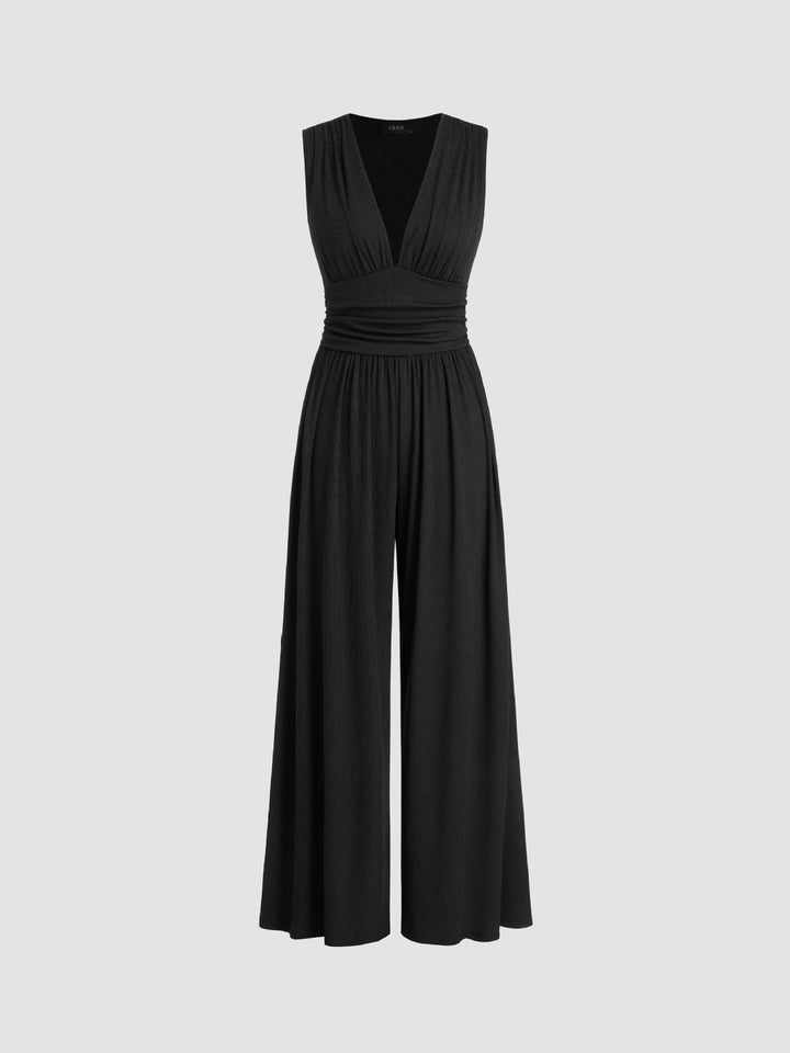 Ruched V-Neck Wide-Leg Jumpsuit in Black — VerolynBoutique