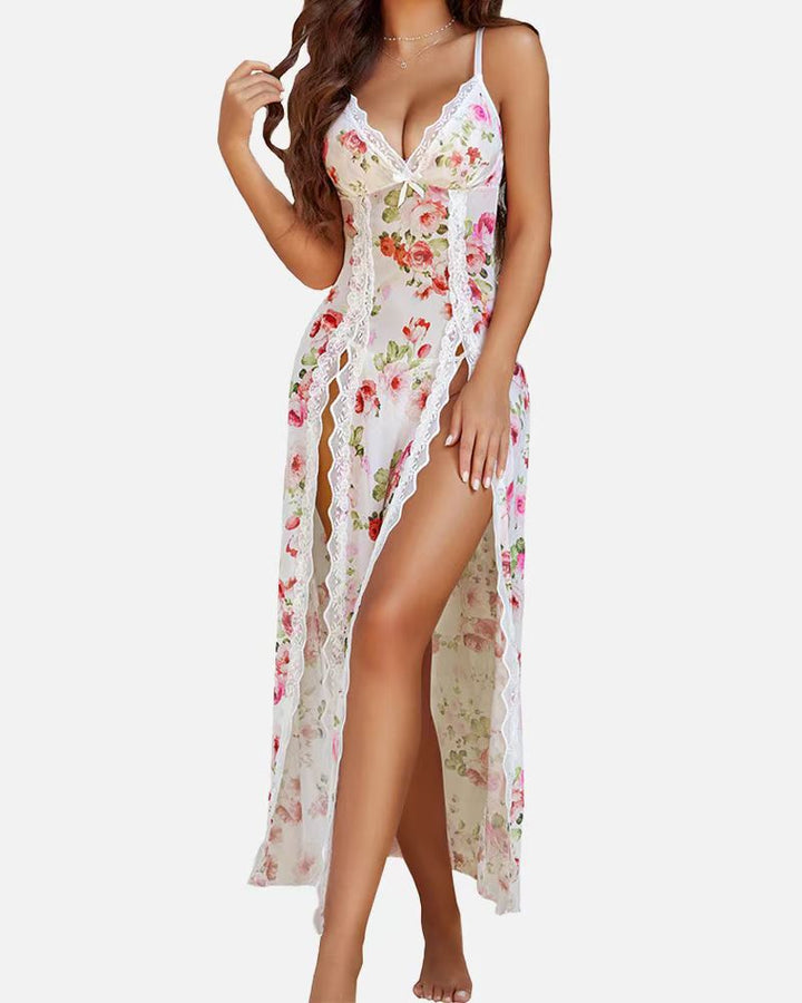 Sheer Lace Trim Maxi Nightdress in White — VerolynBoutique