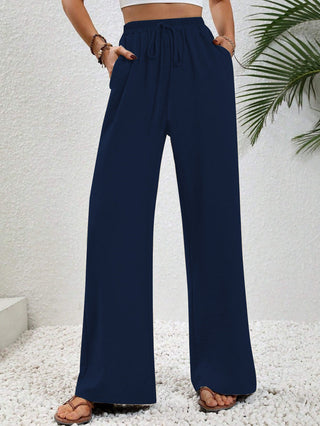 Flowy Drawstring Wide Leg Trousers in Navy — VerolynBoutique