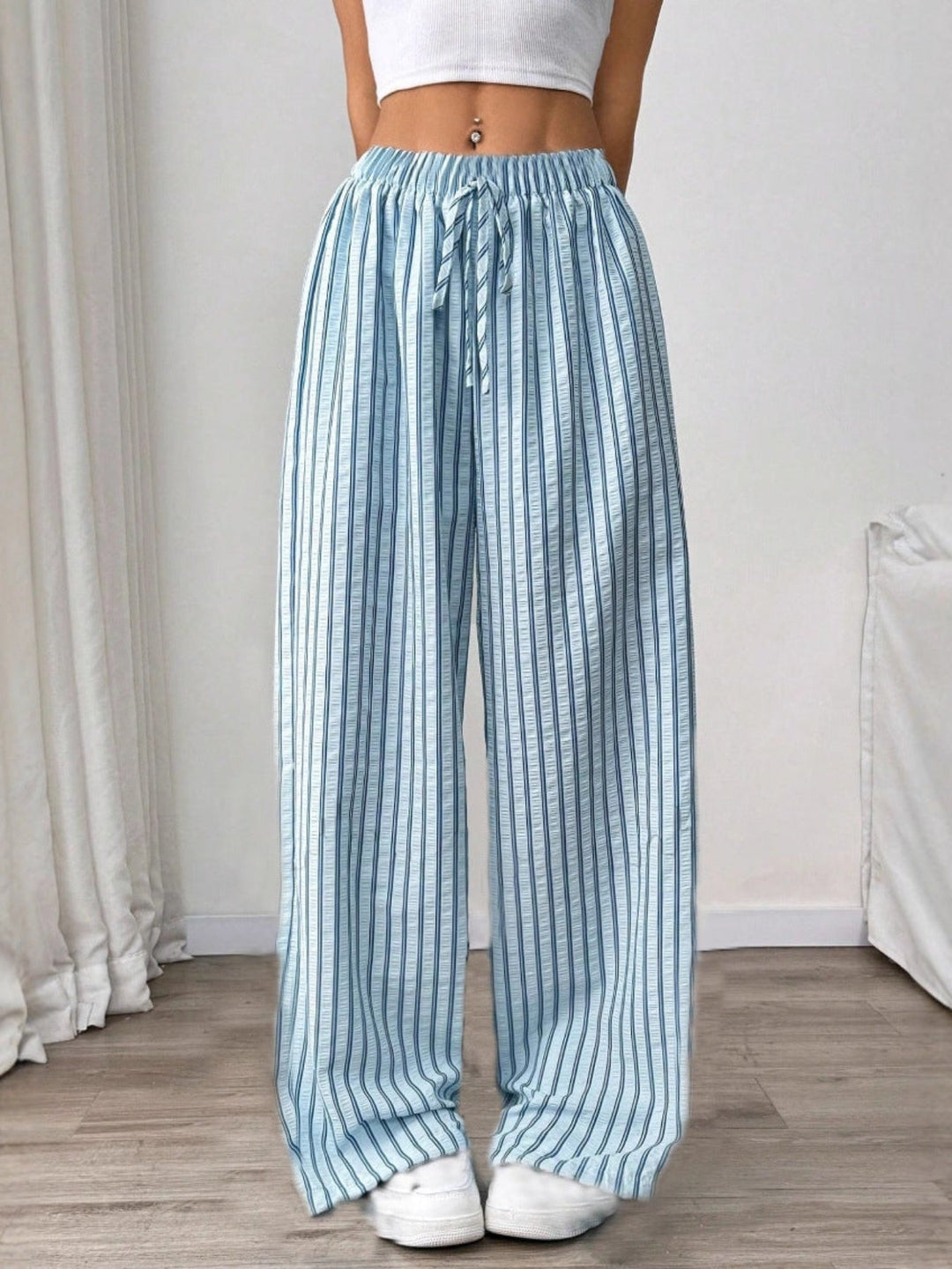 Pinstripe Drawstring Wide Leg Trousers in Sky Blue — VerolynBoutique