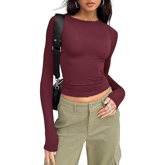 Fitted Crew Neck Top in Burgundy — VerolynBoutique