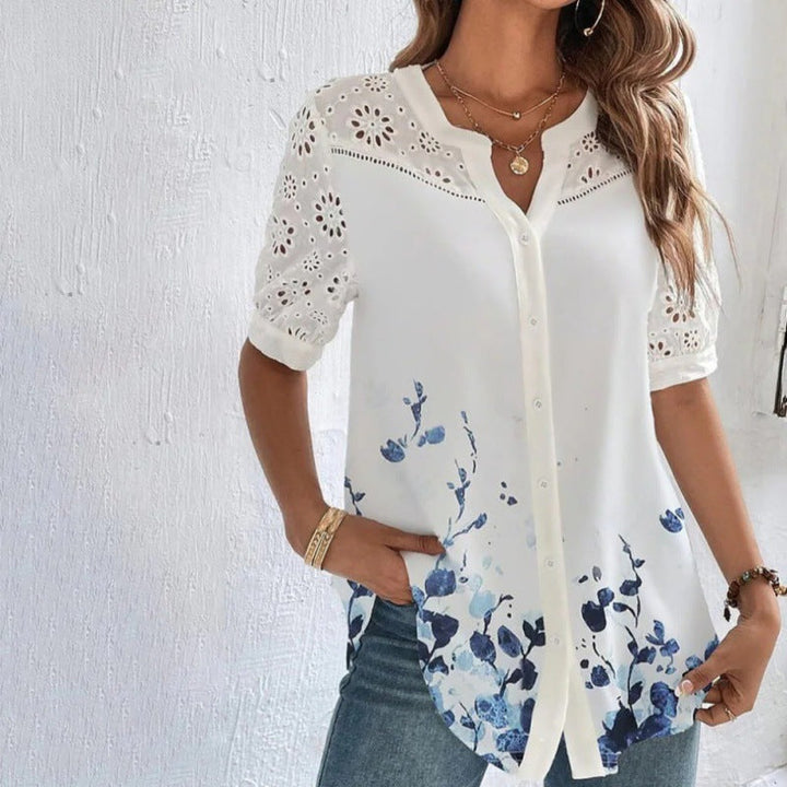 Lace Yoke Printed Blouse in Navy Floral — VerolynBoutique