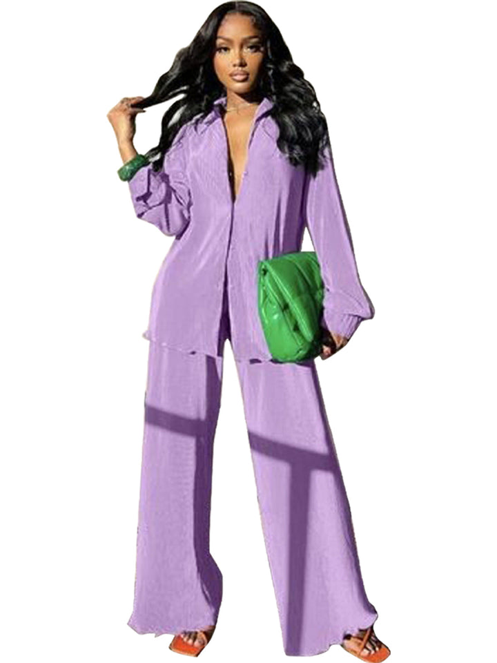 Collared Shirt Wide-Leg Trouser Set in Purple — VerolynBoutique