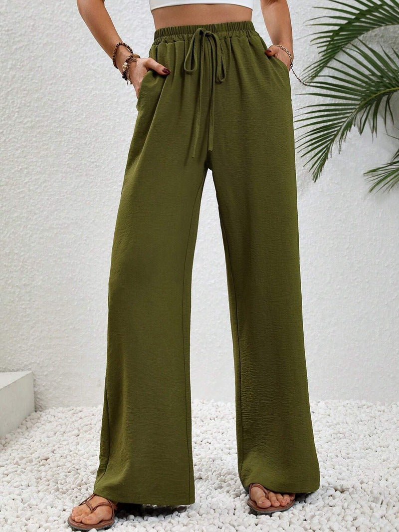 Flowy Drawstring Wide Leg Trousers in Olive — VerolynBoutique