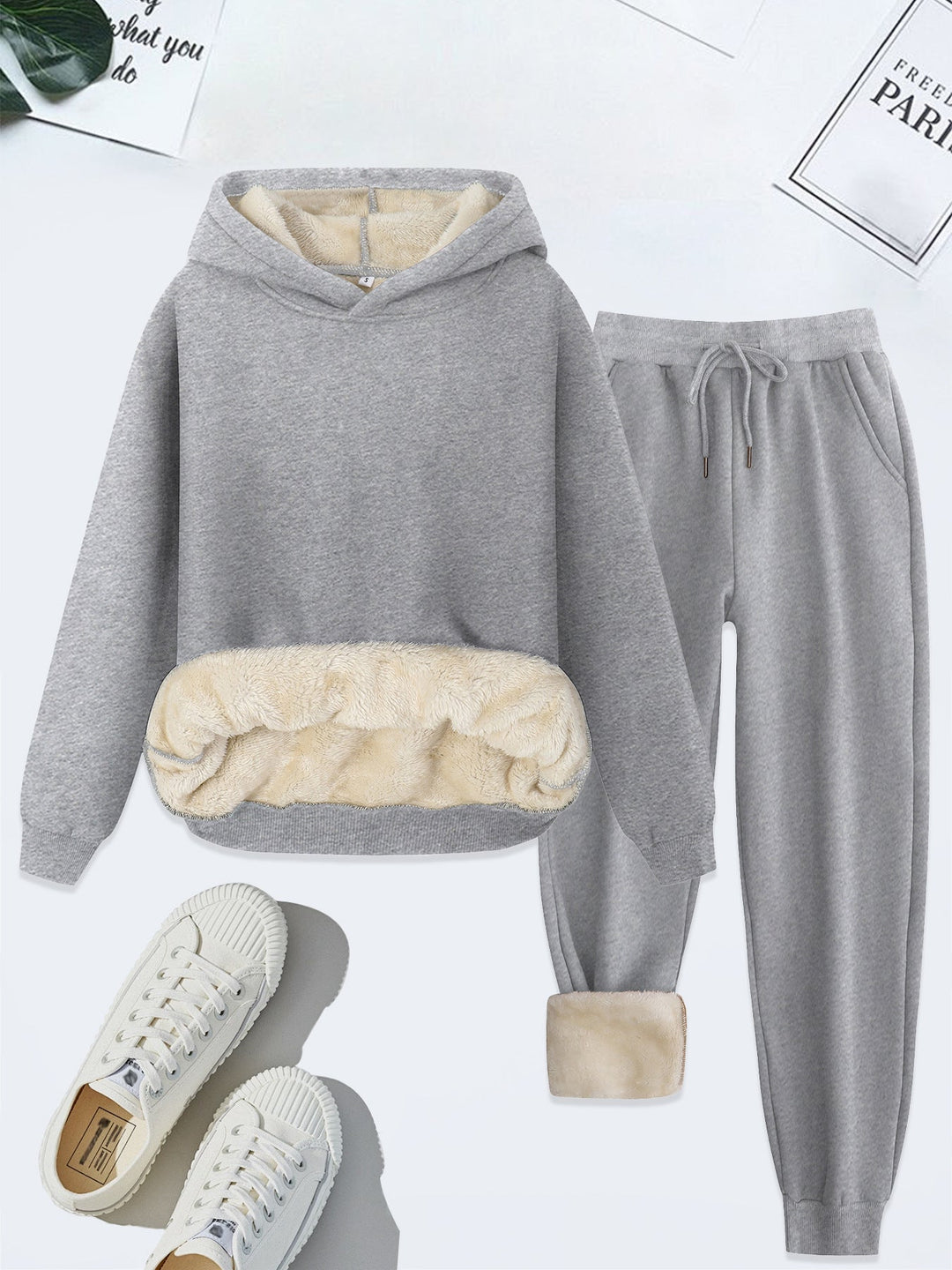 Fleece-Lined Hoodie Jogger Set in Light Grey — VerolynBoutique