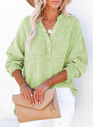 Textured V-Neck Button Blouse in Mint — VerolynBoutique