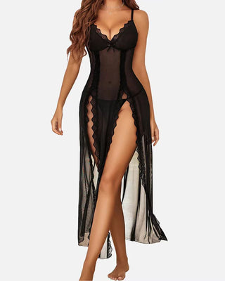 Sheer Lace Trim Maxi Nightdress in Black — VerolynBoutique