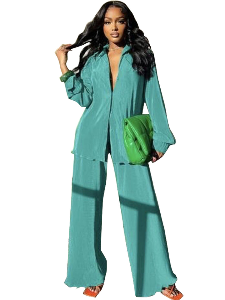 Collared Shirt Wide-Leg Trouser Set in Mint — VerolynBoutique