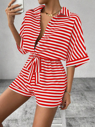 Striped Collared Tie-Front Romper in Red — VerolynBoutique