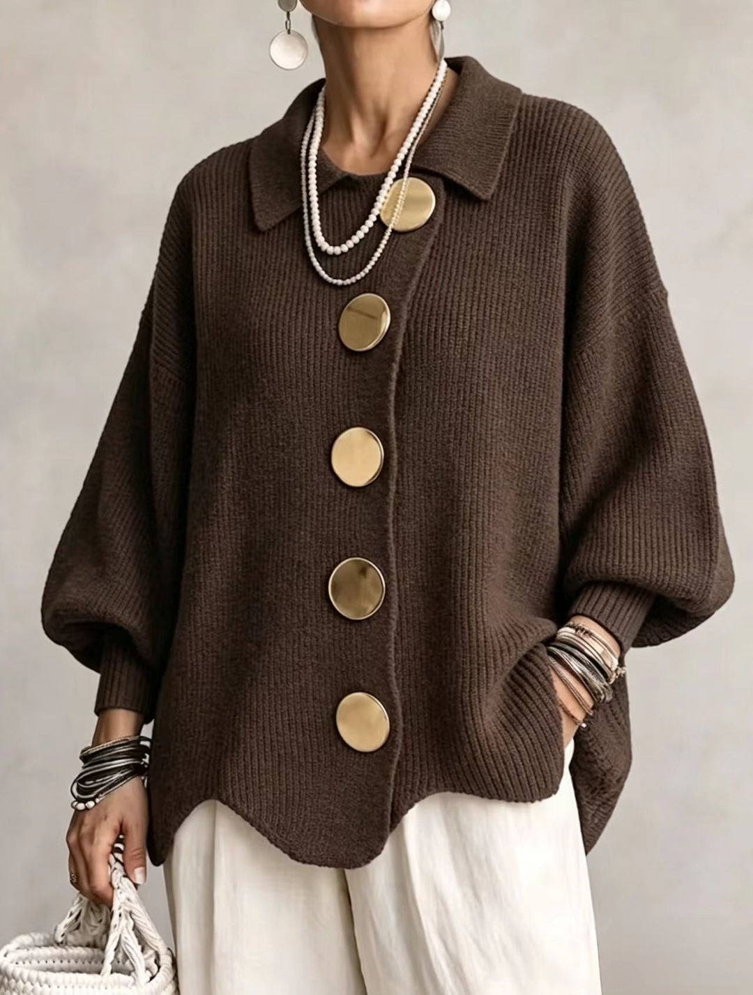 Gold Button Oversized Cardigan in Coffee Brown — VerolynBoutique