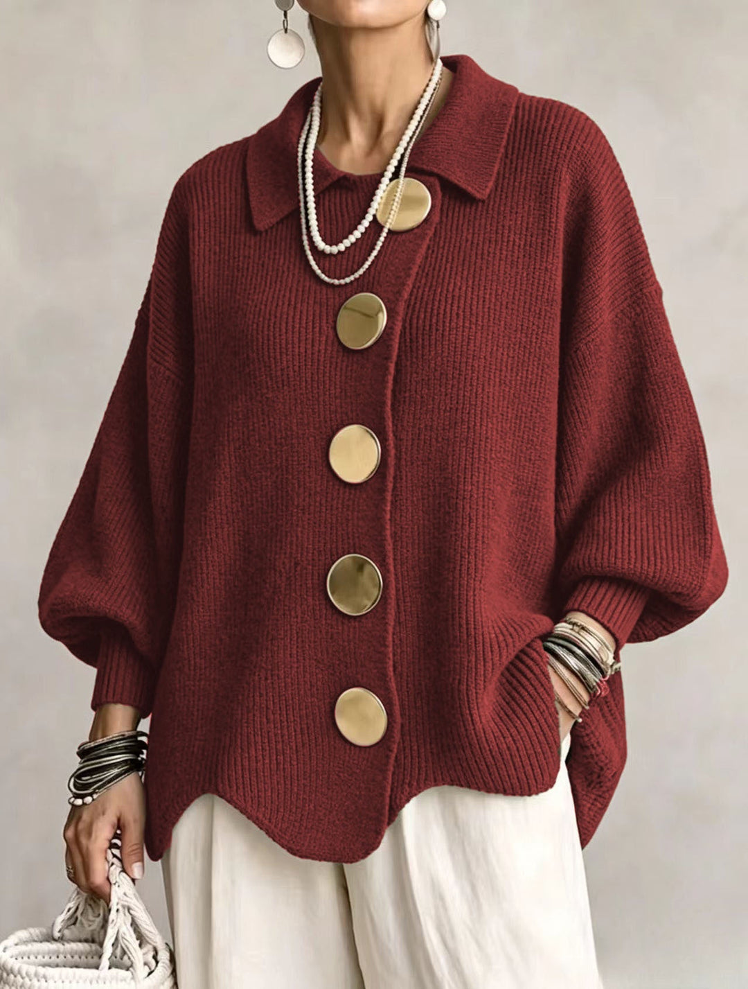 Gold Button Oversized Cardigan in Red — VerolynBoutique