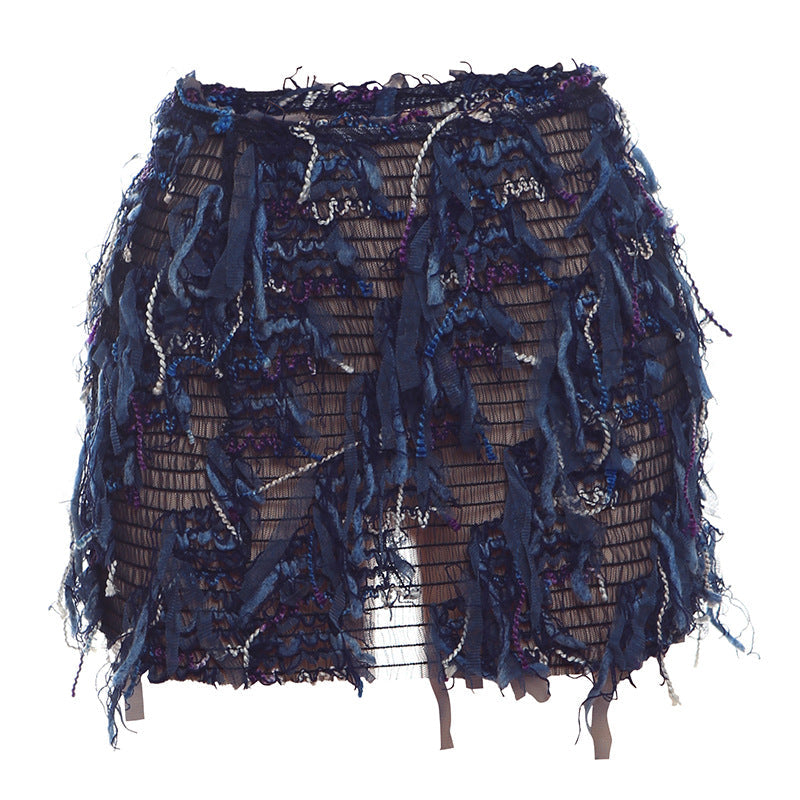 Fringe High-Waist Mini Skirt in Blue — VerolynBoutique