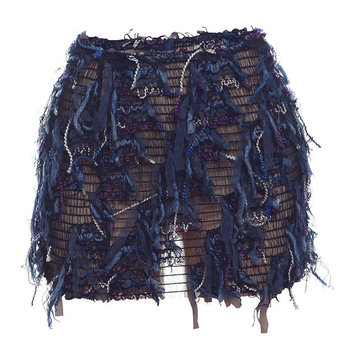 Fringe High-Waist Mini Skirt in Blue — VerolynBoutique